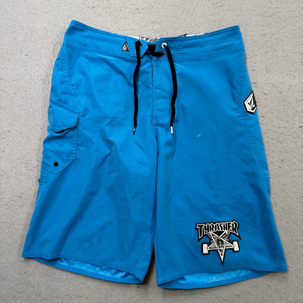 Volcom x Thrasher Board Shorts Men's 34 Blue Cargo Athletic Swim Trunks Summer